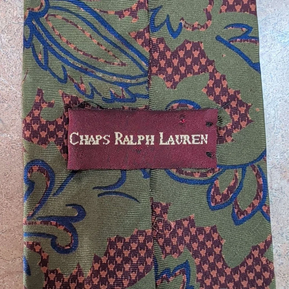Vintage Chaps Ralph Lauren Necktie Mens Olive Green Paisley Houndstooth Silk Tie